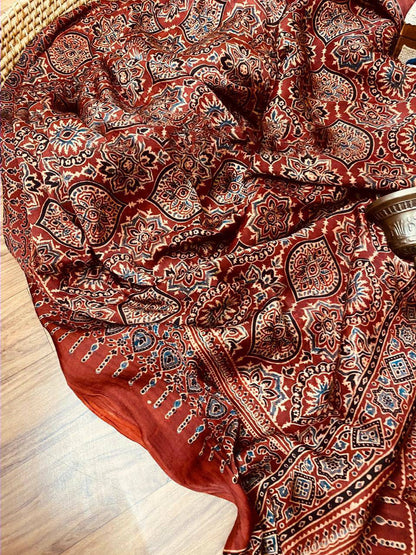 Zynah Pure Modal Silk Ajrakh Saree with Tissue Pallu & Handblock Prints; Custom Stitched/Ready-made Blouse, Fall, Petticoat; Shipping available USA, Worldwide
