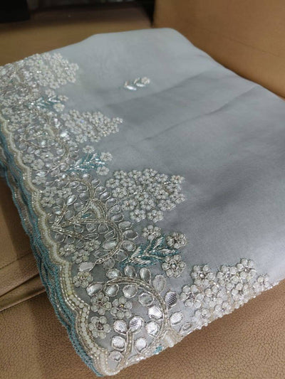 Zynah Organza Silk Saree with Cut-dana Work, Pearls, Beads, Gotapatti Work; Custom Stitched/Ready-made Blouse, Fall, Petticoat; Shipping available USA, Worldwide
