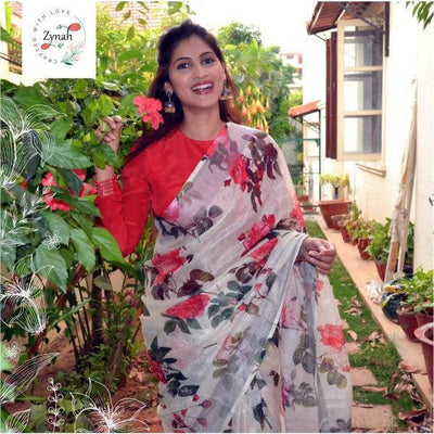 Zynah Digital Printed Organic Lab Tested 120 Count pure 'Linen by Linen' Handcrafted Saree; Custom Stitched/Ready-made Blouse, Fall, Petticoat; Shipping available USA, Worldwide