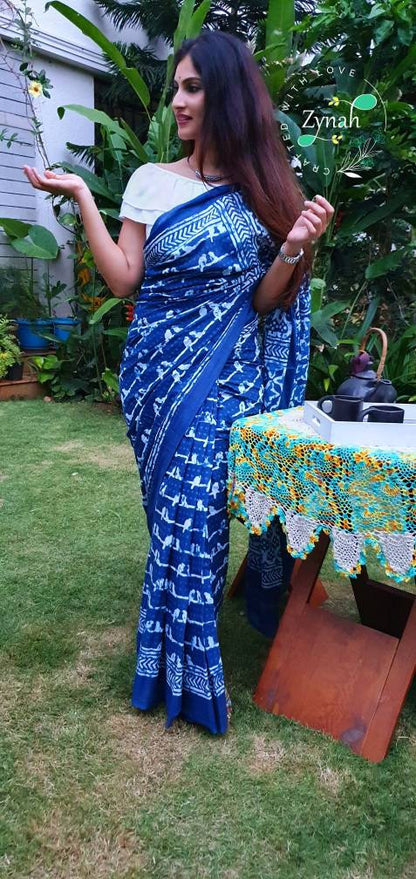 Zynah Pure Mal Cotton Handblock printed Indigo Sarees; Custom Stitched/Ready-made Blouse, Fall, Petticoat; Shipping available USA, Worldwide