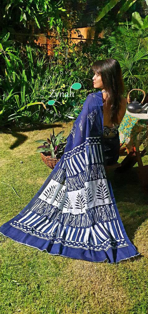 Zynah Pure Mal Cotton Handblock printed Indigo Sarees; Custom Stitched/Ready-made Blouse, Fall, Petticoat; Shipping available USA, Worldwide