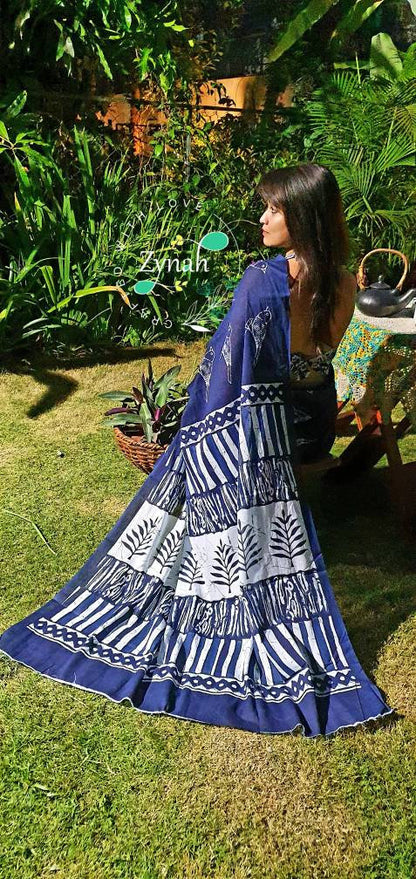 Zynah Pure Mal Cotton Handblock printed Indigo Sarees; Custom Stitched/Ready-made Blouse, Fall, Petticoat; Shipping available USA, Worldwide