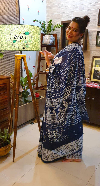 Zynah Pure Mal Cotton Handblock printed Indigo Sarees; Custom Stitched/Ready-made Blouse, Fall, Petticoat; Shipping available USA, Worldwide