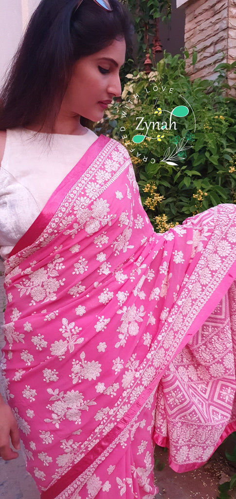 Zynah Pure Georgette Chikankari Saree in Pastel Shades; Custom Stitched/Ready-made Blouse, Fall, Petticoat; Shipping available USA, Worldwide