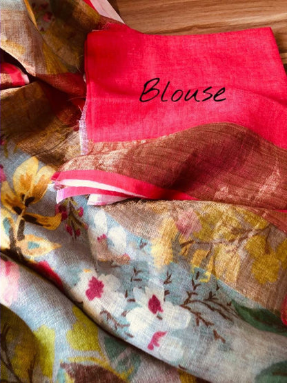 Zynah Digital Printed Organic Lab Tested 120 Count pure 'Linen by Linen' Saree; Custom Stitched/Ready-made Blouse, Fall, Petticoat; Shipping available USA, Worldwide
