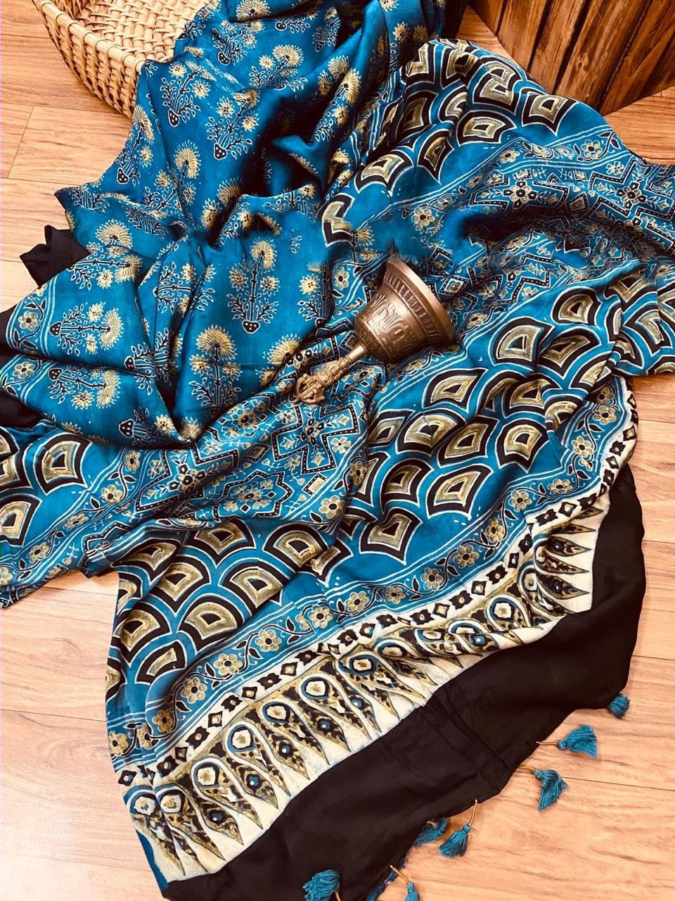 Zynah Pure Modal Silk Ajrakh Saree with Handblock Prints; Custom Stitched/Ready-made Blouse, Fall, Petticoat; Shipping available USA, Worldwide