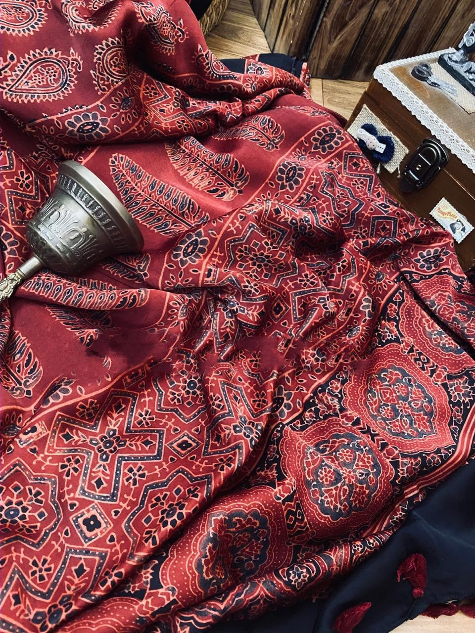 Zynah Pure Modal Silk Ajrakh Saree with Handblock Prints; Custom Stitched/Ready-made Blouse, Fall, Petticoat; Shipping available USA, Worldwide