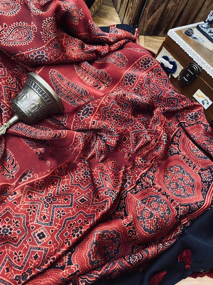 Zynah Pure Modal Silk Ajrakh Saree with Handblock Prints; Custom Stitched/Ready-made Blouse, Fall, Petticoat; Shipping available USA, Worldwide