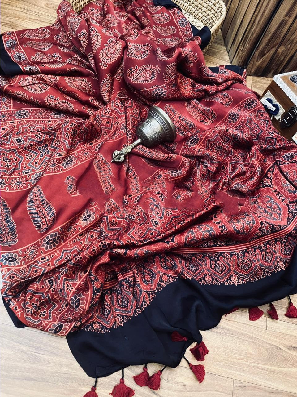 Zynah Pure Modal Silk Ajrakh Saree with Handblock Prints; Custom Stitched/Ready-made Blouse, Fall, Petticoat; Shipping available USA, Worldwide