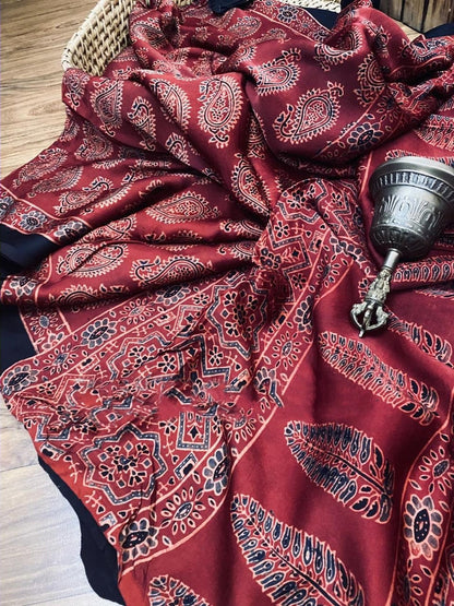 Zynah Pure Modal Silk Ajrakh Saree with Handblock Prints; Custom Stitched/Ready-made Blouse, Fall, Petticoat; Shipping available USA, Worldwide
