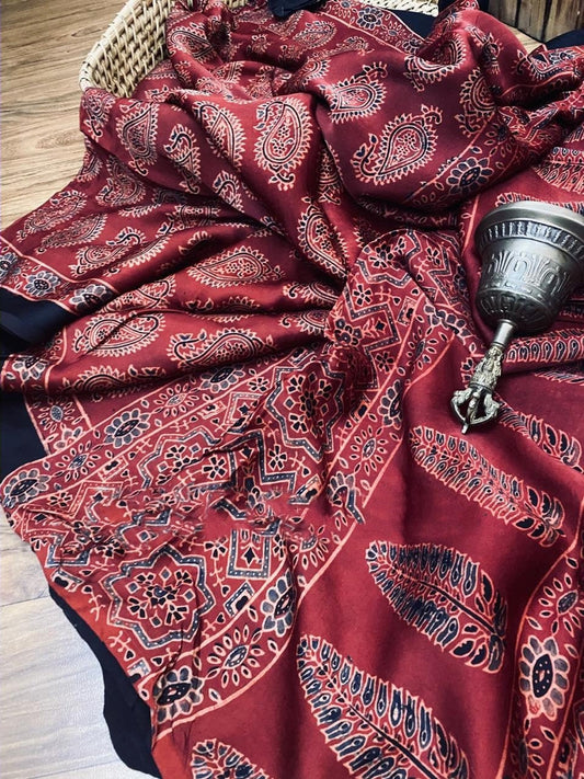 Zynah Pure Modal Silk Ajrakh Saree with Handblock Prints; Custom Stitched/Ready-made Blouse, Fall, Petticoat; Shipping available USA, Worldwide