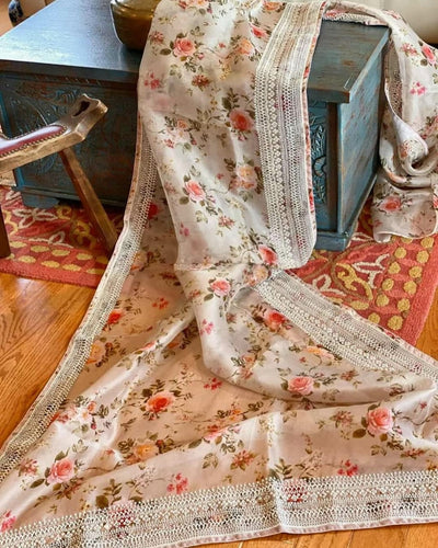Zynah Organza Silk Saree, Cut-dana, Pearl, Beads, Zardosi work; Custom Stitched/Ready-made Blouse, Fall, Petticoat; Shipping available USA, Worldwide