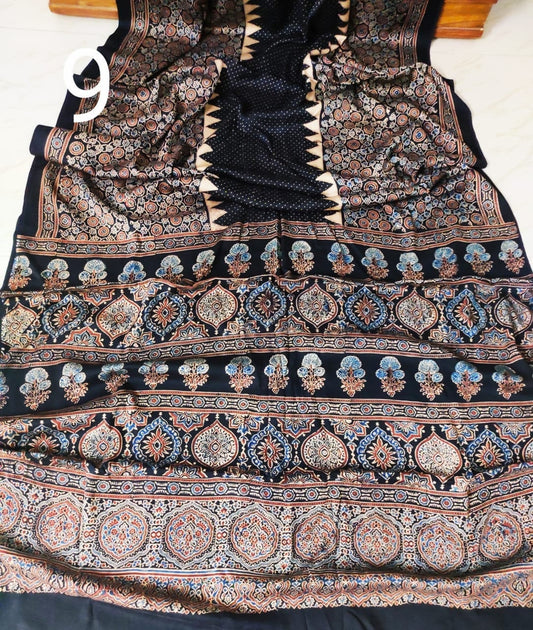 Zynah Pure Modal Silk Ajrakh Saree with Handblock Prints; Custom Stitched/Ready-made Blouse, Fall, Petticoat; Shipping available USA, Worldwide