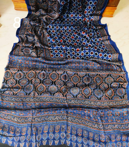 Zynah Pure Modal Silk Ajrakh Saree with Handblock Prints; Custom Stitched/Ready-made Blouse, Fall, Petticoat; Shipping available USA, Worldwide
