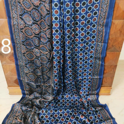 Zynah Pure Modal Silk Ajrakh Saree with Handblock Prints; Custom Stitched/Ready-made Blouse, Fall, Petticoat; Shipping available USA, Worldwide
