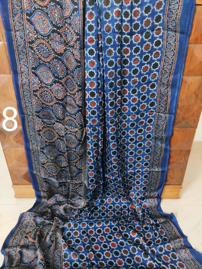 Zynah Pure Modal Silk Ajrakh Saree with Handblock Prints; Custom Stitched/Ready-made Blouse, Fall, Petticoat; Shipping available USA, Worldwide