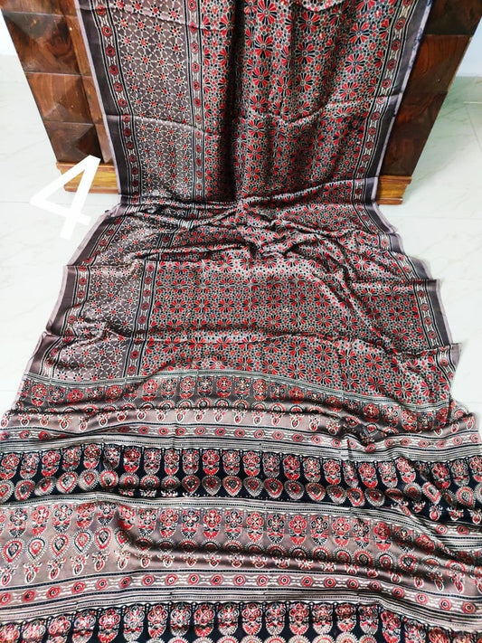 Zynah Pure Modal Silk Ajrakh Saree with Handblock Prints; Custom Stitched/Ready-made Blouse, Fall, Petticoat; Shipping available USA, Worldwide