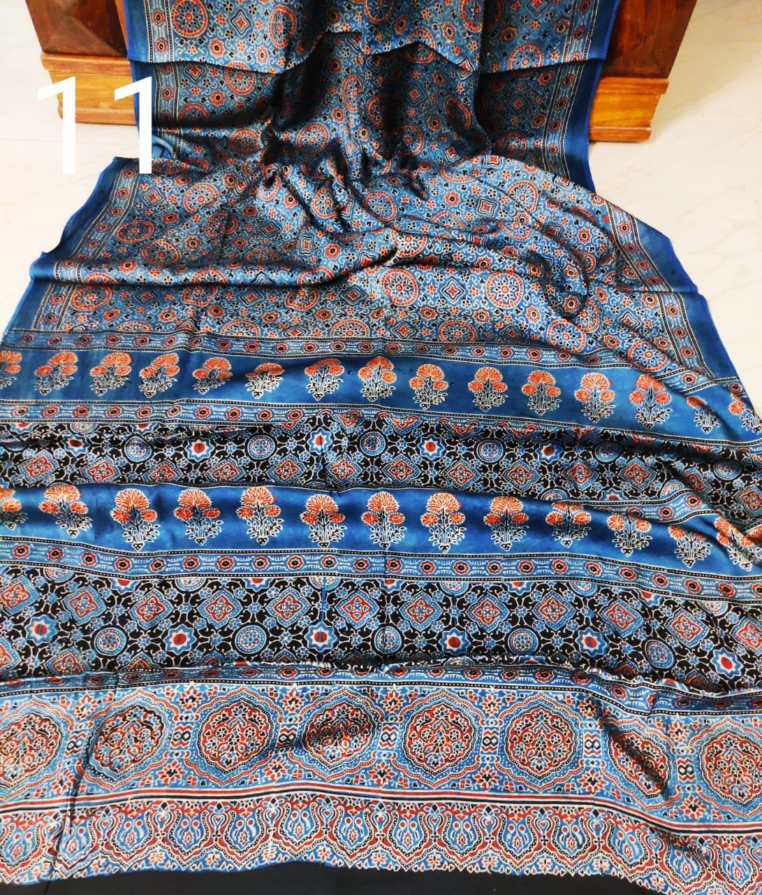 Zynah Pure Modal Silk Ajrakh Saree with Handblock Prints; Custom Stitched/Ready-made Blouse, Fall, Petticoat; Shipping available USA, Worldwide