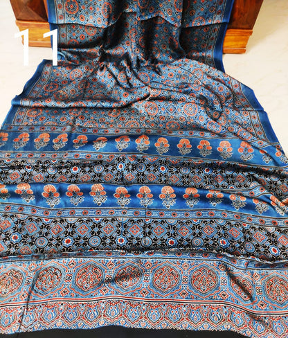 Zynah Pure Modal Silk Ajrakh Saree with Handblock Prints; Custom Stitched/Ready-made Blouse, Fall, Petticoat; Shipping available USA, Worldwide