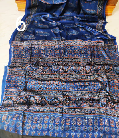 Zynah Pure Modal Silk Ajrakh Saree with Handblock Prints; Custom Stitched/Ready-made Blouse, Fall, Petticoat; Shipping available USA, Worldwide