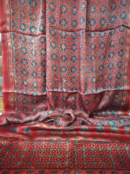 Zynah Pure Modal Silk Ajrakh Saree with Tissue Pallu & Handblock Prints; Custom Stitched/Ready-made Blouse, Fall, Petticoat; Shipping available USA, Worldwide