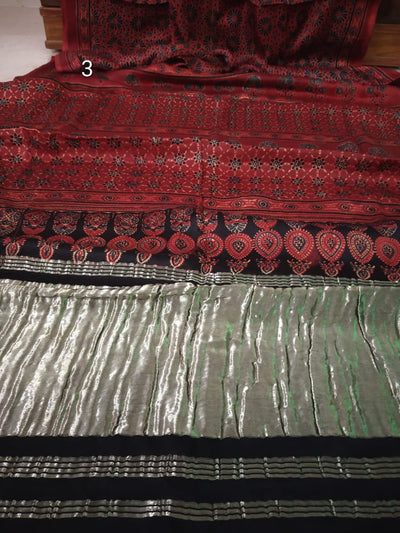 Zynah Pure Modal Silk Ajrakh Saree with Tissue Pallu & Handblock Prints; Custom Stitched/Ready-made Blouse, Fall, Petticoat; Shipping available USA, Worldwide