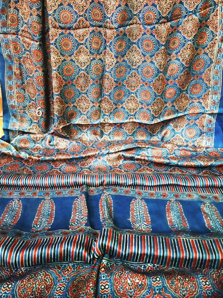 Zynah Pure Modal Silk Ajrakh Saree with Tissue Pallu & Handblock Prints; Custom Stitched/Ready-made Blouse, Fall, Petticoat; Shipping available USA, Worldwide