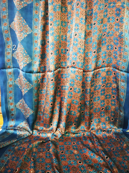 Zynah Pure Modal Silk Ajrakh Saree with Tissue Pallu & Handblock Prints; Custom Stitched/Ready-made Blouse, Fall, Petticoat; Shipping available USA, Worldwide