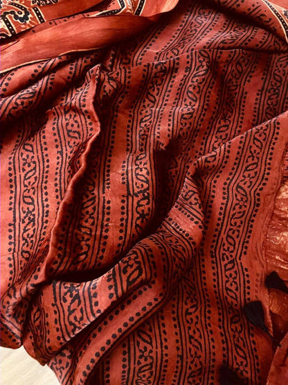 Zynah Pure Modal Silk Ajrakh Saree with Tissue Pallu & Handblock Prints; Custom Stitched/Ready-made Blouse, Fall, Petticoat; Shipping available USA, Worldwide