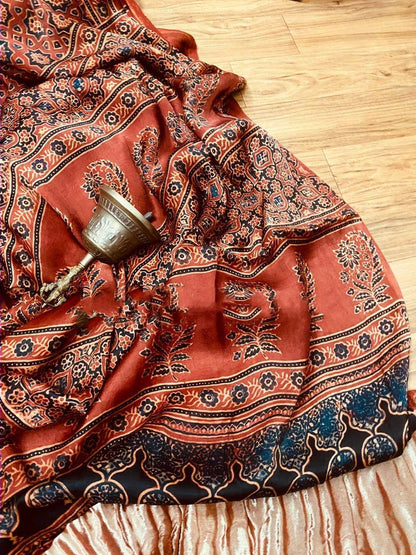 Zynah Pure Modal Silk Ajrakh Saree with Tissue Pallu & Handblock Prints; Custom Stitched/Ready-made Blouse, Fall, Petticoat; Shipping available USA, Worldwide