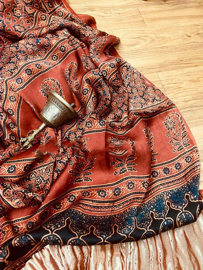 Zynah Pure Modal Silk Ajrakh Saree with Tissue Pallu & Handblock Prints; Custom Stitched/Ready-made Blouse, Fall, Petticoat; Shipping available USA, Worldwide
