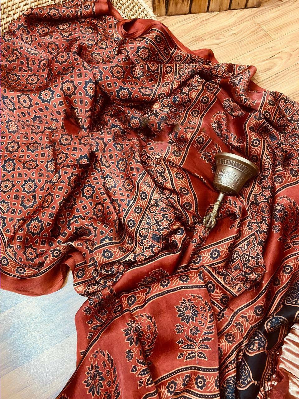Zynah Pure Modal Silk Ajrakh Saree with Tissue Pallu & Handblock Prints; Custom Stitched/Ready-made Blouse, Fall, Petticoat; Shipping available USA, Worldwide
