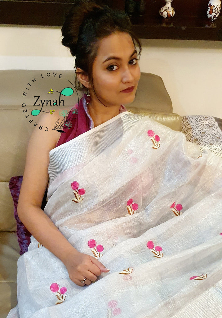 Zynah Organic Lab Tested superior Count pure 'Linen By tissue' embroidered saree; Custom Stitched/Ready-made Blouse, Fall, Petticoat; Shipping available USA, Worldwide