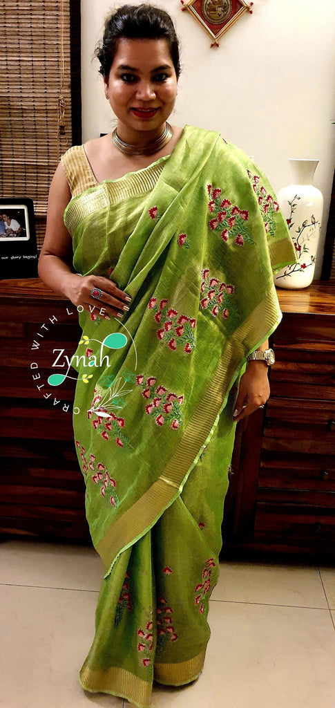 Zynah Organic Lab Tested superior Count pure 'Linen By tissue' embroidered saree; Custom Stitched/Ready-made Blouse, Fall, Petticoat; Shipping available USA, Worldwide