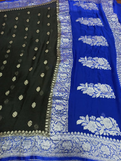 Zynah Pure Banarasi Handloom Khaddi Georgette Saree with Golden Zari Border & Butis; Custom Stitched/Ready-made Blouse, Fall, Petticoat; Shipping available USA, Worldwide