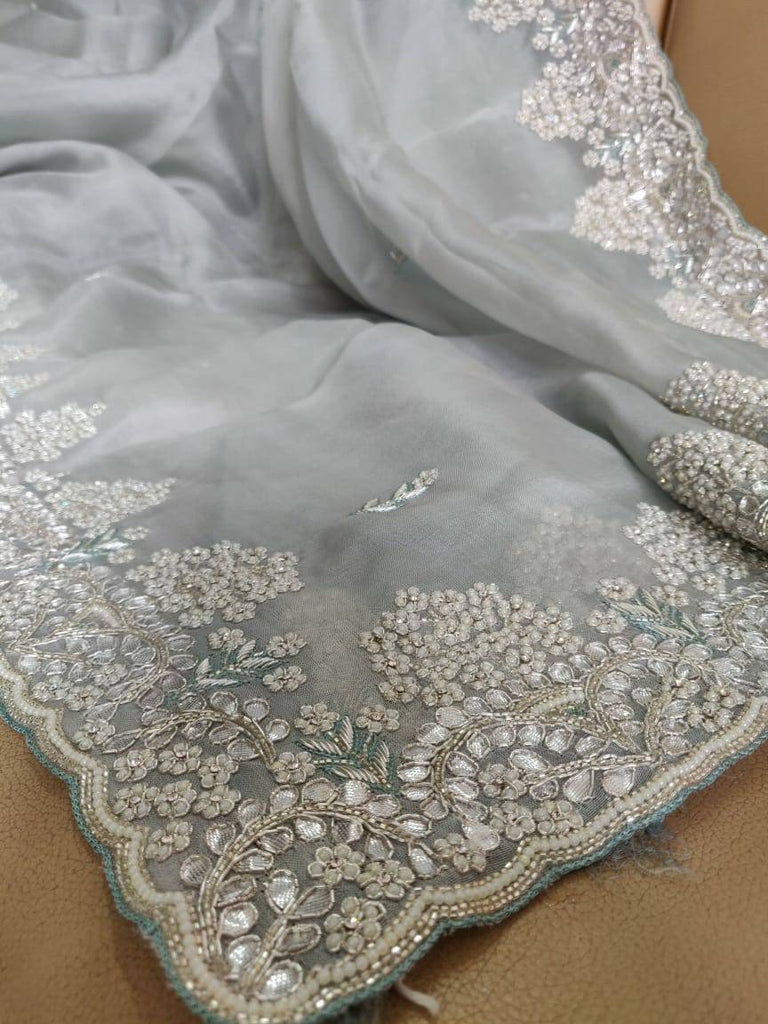 Zynah Organza Silk Saree with Cut-dana Work, Pearls, Beads, Gotapatti Work; Custom Stitched/Ready-made Blouse, Fall, Petticoat; Shipping available USA, Worldwide