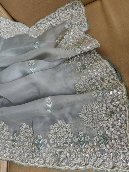 Zynah Organza Silk Saree with Cut-dana Work, Pearls, Beads, Gotapatti Work; Custom Stitched/Ready-made Blouse, Fall, Petticoat; Shipping available USA, Worldwide