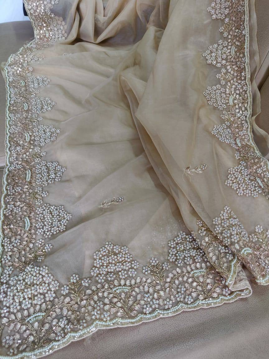 Zynah Organza Silk Saree with Cut-dana Work, Pearls, Beads, Gotapatti Work; Custom Stitched/Ready-made Blouse, Fall, Petticoat; Shipping available USA, Worldwide