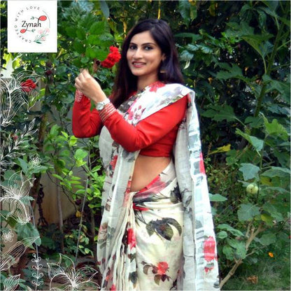 Zynah Digital Printed Organic Lab Tested 120 Count pure 'Linen by Linen' Handcrafted Saree; Custom Stitched/Ready-made Blouse, Fall, Petticoat; Shipping available USA, Worldwide