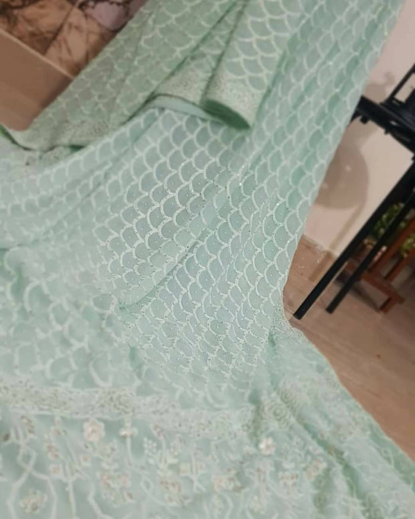 Zynah Pure Georgette Chikankari Saree in Pastel Shades with Sequence Hand work; Custom Stitched/Ready-made Blouse, Fall, Petticoat; Shipping available USA, Worldwide