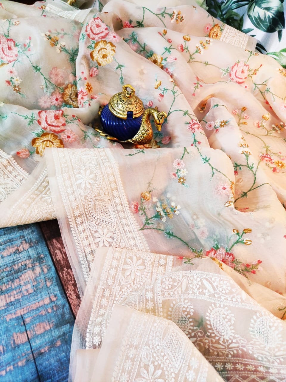 Zynah Powder Pink Organza Saree, Multicolor Cross Stitch & Chikankari Border; Custom Stitched/Ready-made Blouse, Fall, Petticoat; Shipping available USA, Worldwide