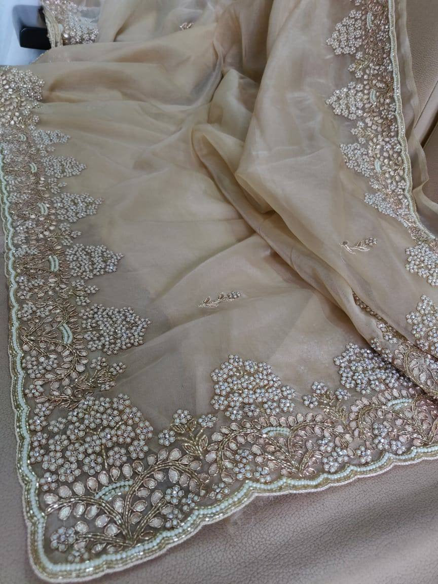 Zynah Organza Silk Saree with Cut-dana Work, Pearls, Beads, Gotapatti Work; Custom Stitched/Ready-made Blouse, Fall, Petticoat; Shipping available USA, Worldwide