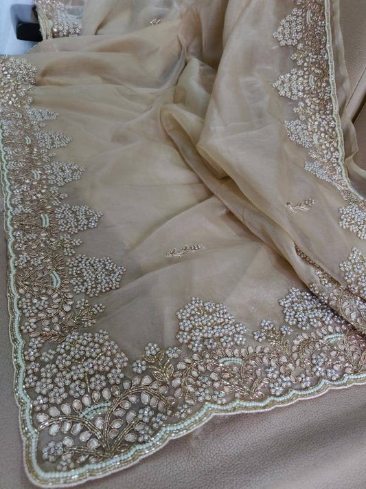 Zynah Organza Silk Saree with Cut-dana Work, Pearls, Beads, Gotapatti Work; Custom Stitched/Ready-made Blouse, Fall, Petticoat; Shipping available USA, Worldwide