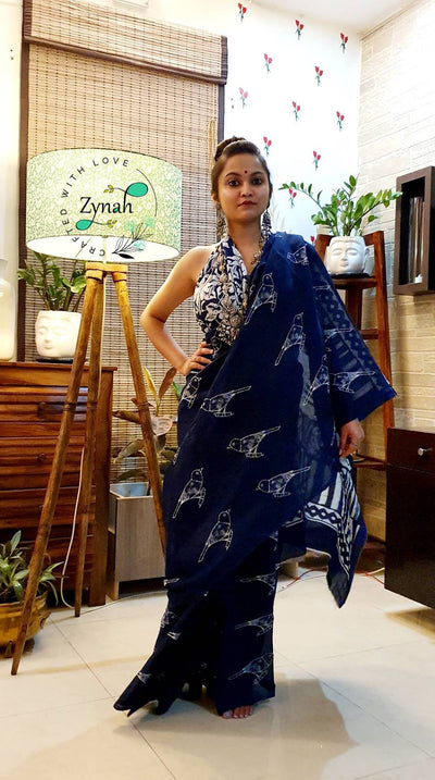 Zynah Pure Mal Cotton Handblock printed Indigo Sarees; Custom Stitched/Ready-made Blouse, Fall, Petticoat; Shipping available USA, Worldwide