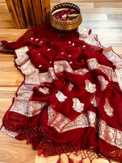 Zynah Pure Banarasi Handloom Khaddi Georgette Saree with Zari Border & Butis; Custom Stitched/Ready-made Blouse, Fall, Petticoat; Shipping available USA, Worldwide