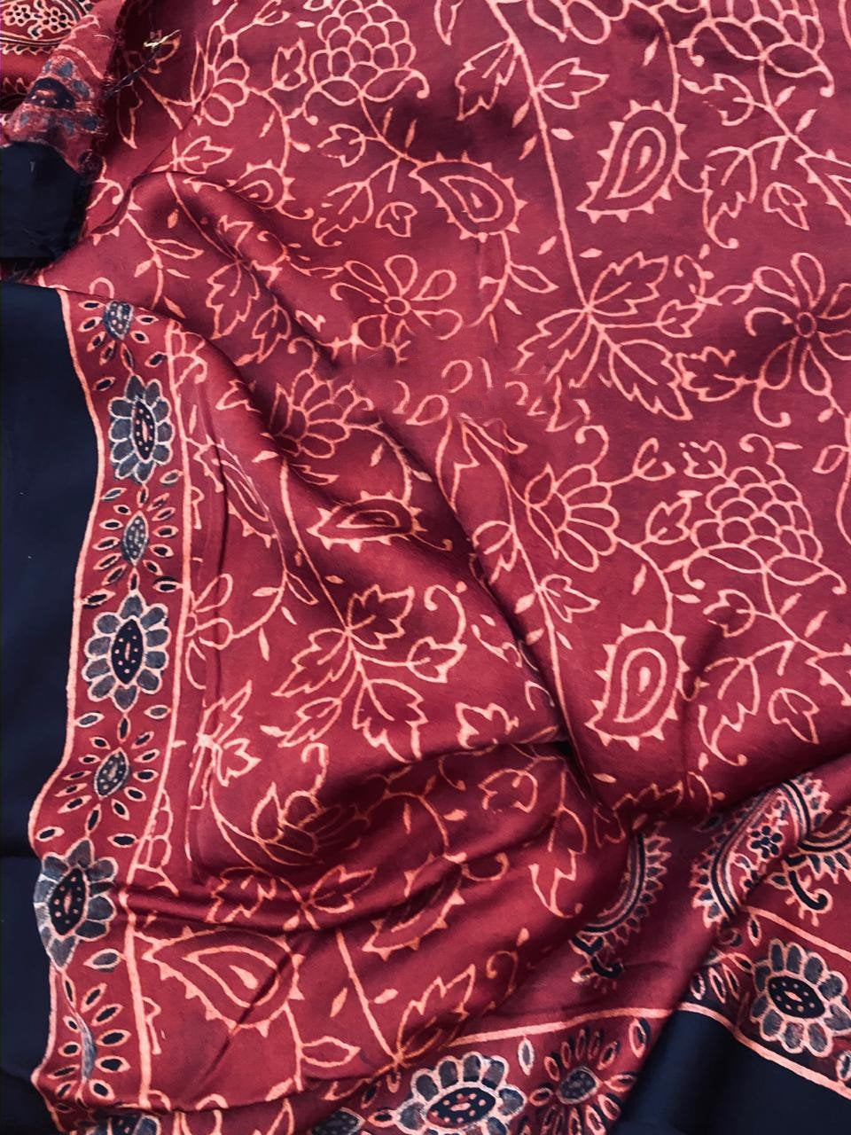 Zynah Pure Modal Silk Ajrakh Saree with Handblock Prints; Custom Stitched/Ready-made Blouse, Fall, Petticoat; Shipping available USA, Worldwide