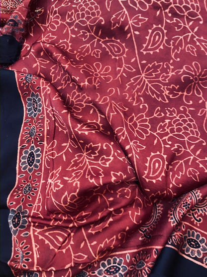 Zynah Pure Modal Silk Ajrakh Saree with Handblock Prints; Custom Stitched/Ready-made Blouse, Fall, Petticoat; Shipping available USA, Worldwide