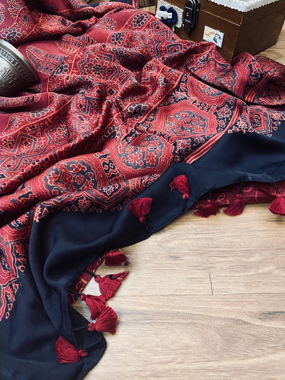 Zynah Pure Modal Silk Ajrakh Saree with Handblock Prints; Custom Stitched/Ready-made Blouse, Fall, Petticoat; Shipping available USA, Worldwide