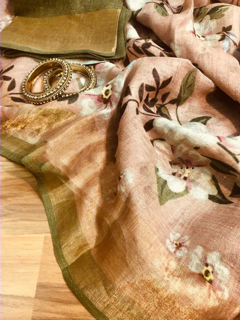 Zynah Organic Pure Linen by Linen(120c) Saree, Digital Floral Prints & Zari Border; Custom Stitched/Ready-made Blouse, Fall, Petticoat; Shipping available USA, Worldwide