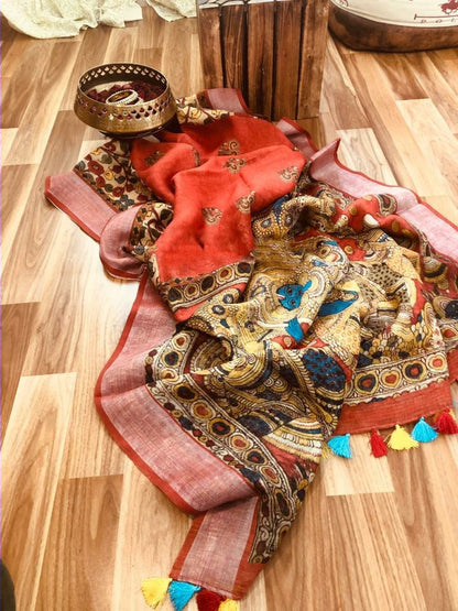 Zynah Kalamkari Organic Lab Tested 120 Count pure 'Linen by Linen' Saree; Custom Stitched/Ready-made Blouse, Fall, Petticoat; Shipping available USA, Worldwide